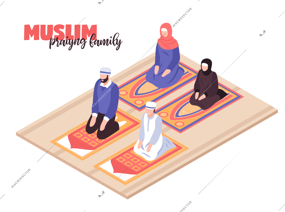 Arab people praying concept with men and women praying isometric vector llustration