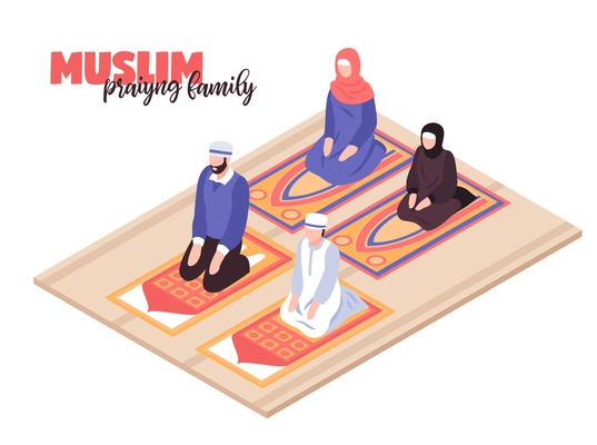 Arab people praying concept with men and women praying isometric vector llustration