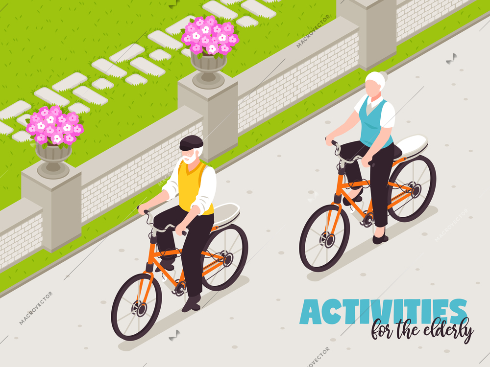 Active senior people background with cycling in free time symbols isometric  vector illustration
