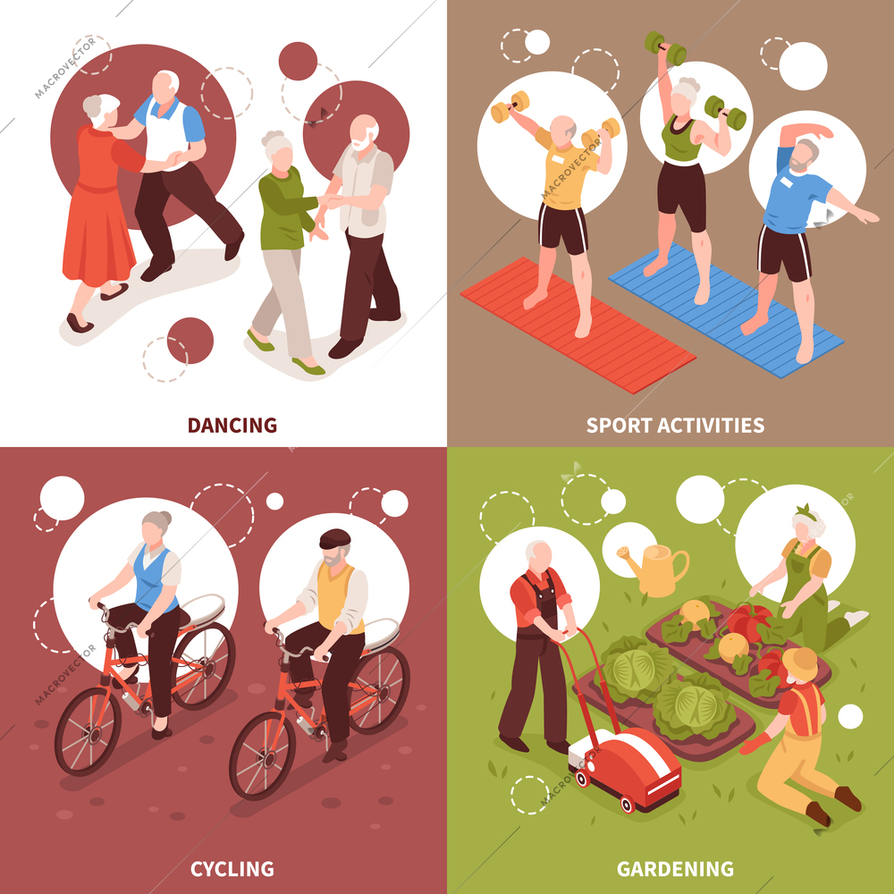 Senior people concept icons set with active lifestyle and hobbies symbols isometric isolated vector illustration