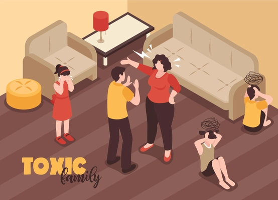 Family conflicts background with toxic relations symbols isometric vector illustration