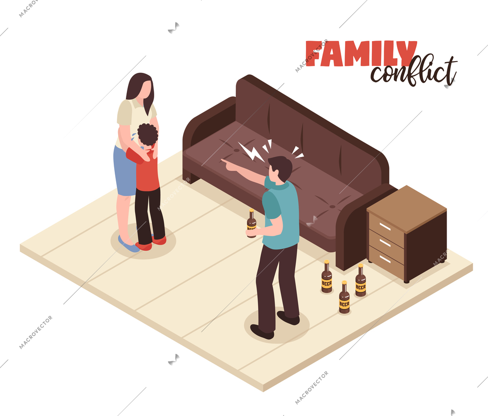 Family conflicts composition with quarreling and shouting symbols isometric vector illustration