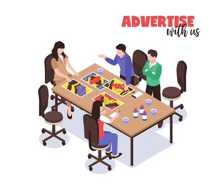 Advertising agency concept with creative thinking symbols isometric vector illustration