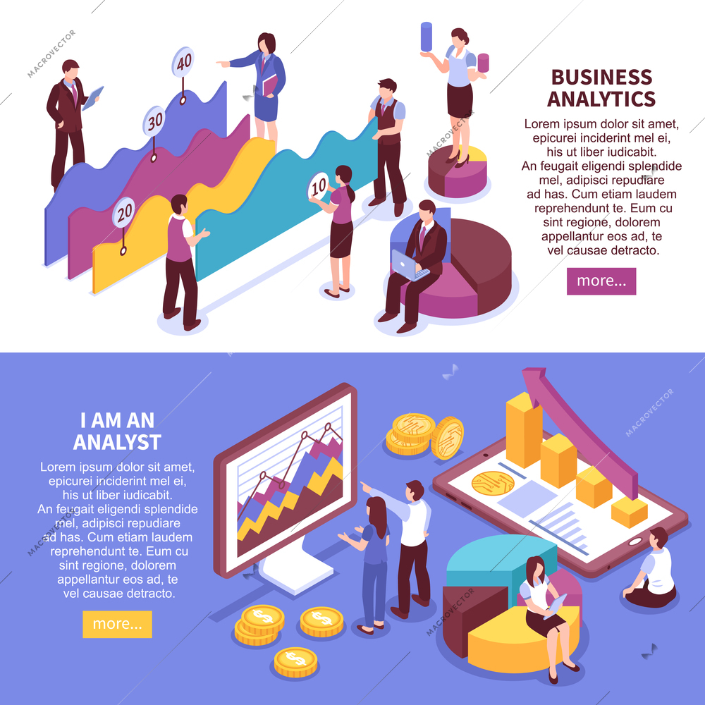 Business analyst horizontal banners set with growth symbols isometric isolated vector illustration