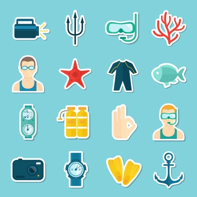 Diving scuba icons stickers set of underwater sport symbols isolated vector illustration