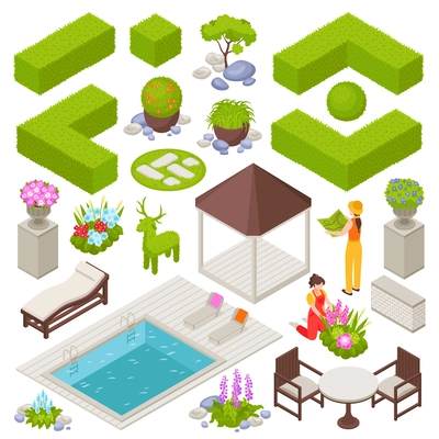 Landscape design set with flowers and plants isometric isolated vector illustration