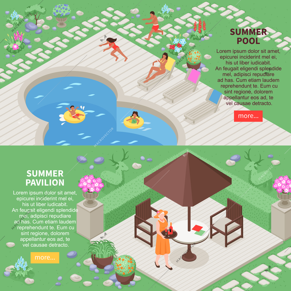 Landscape design horizontal banners set with summer pool symbols isometric isolated vector illustration