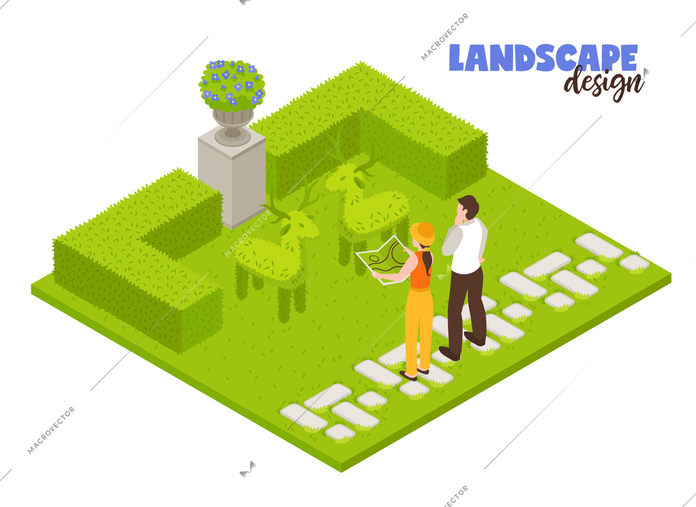 Landscape design concept with green fence and gardeners working isometric vector illustration