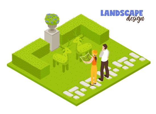 Landscape design concept with green fence and gardeners working isometric vector illustration