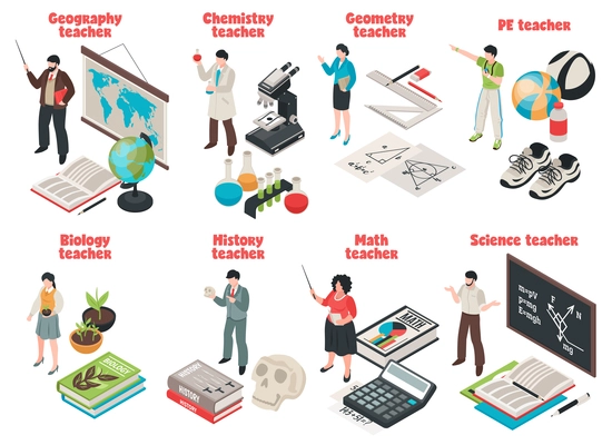 Teachers and school set with Biology and Geography symbols isolated isometric vector illustration