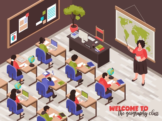 Teachers and classroom poster with Geography class symbols isometric vector illustration