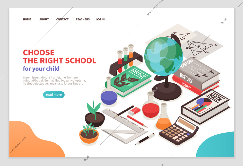 Teachers and school page design with education symbols isometric vector illustration