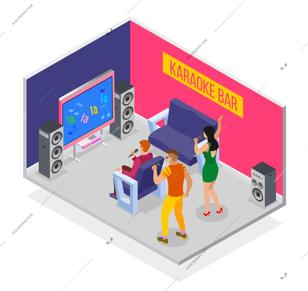 Karaoke isometric background with group of human characters having party in the karaoke room with speakers vector illustration