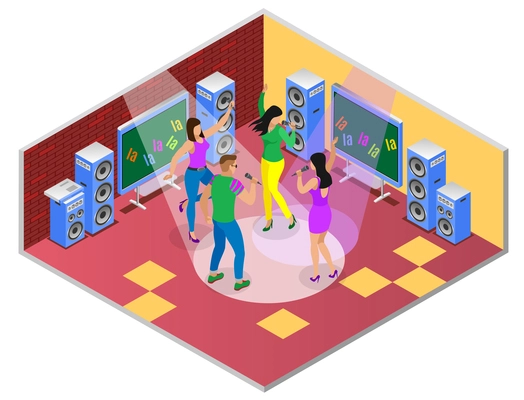 Karaoke isometric composition with party room interior illustration tv set and group of young people singing songs vector illustration