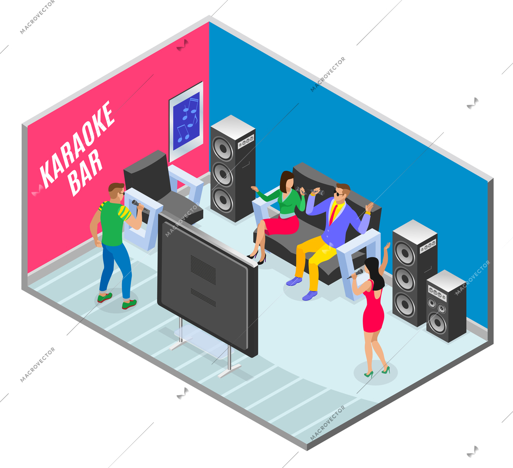 Karaoke isometric composition with ktv bar room and group of friends singing favourite songs with text vector illustration