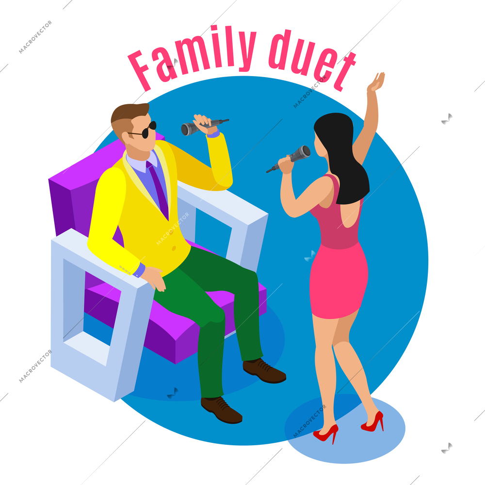 Karaoke isometric background with couple of male and female human characters singing songs with editable text vector illustration