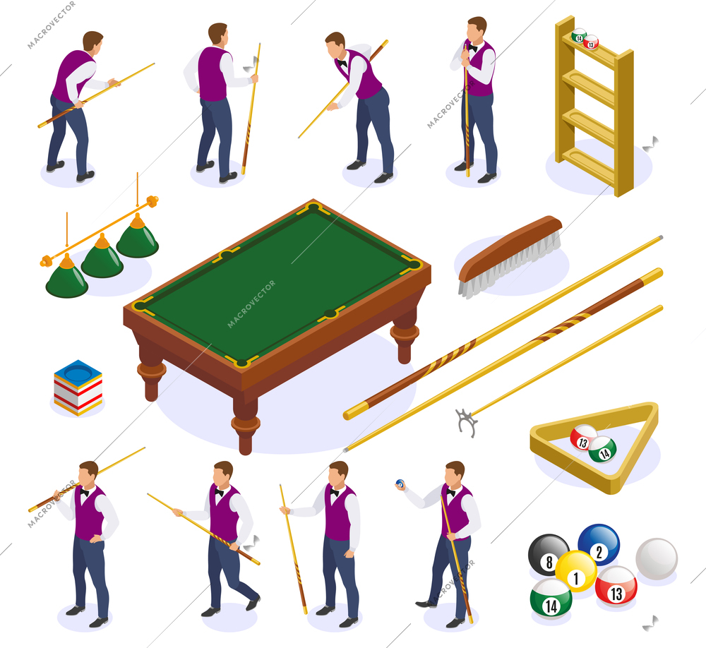 Billiards isometric icons set with isolated images of table cue sticks and balls with human characters vector illustration