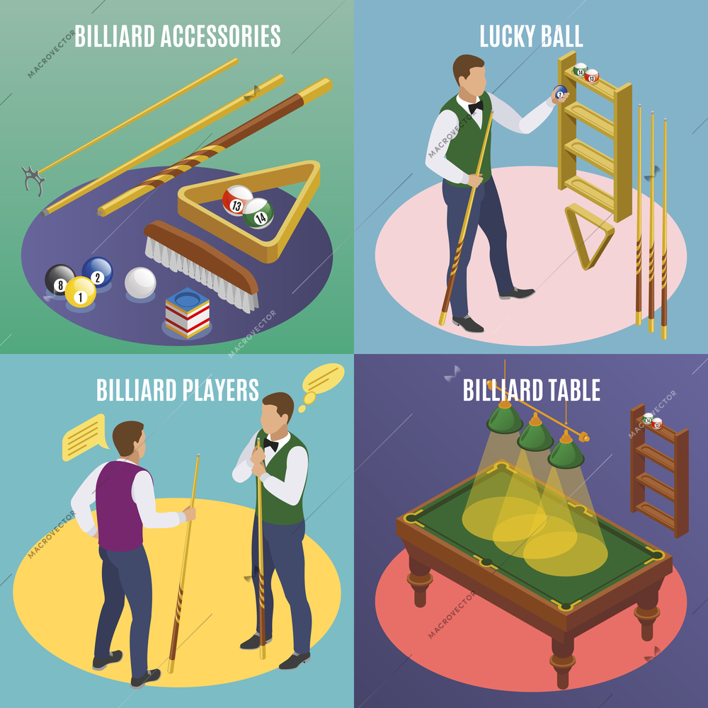 Billiards isometric 2x2 design concept with editable text and images of billiard accessories with lucky balls vector illustration