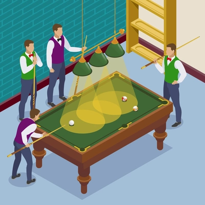 Billiards isometric composition with view of game situation with playing room and human characters of players vector illustration