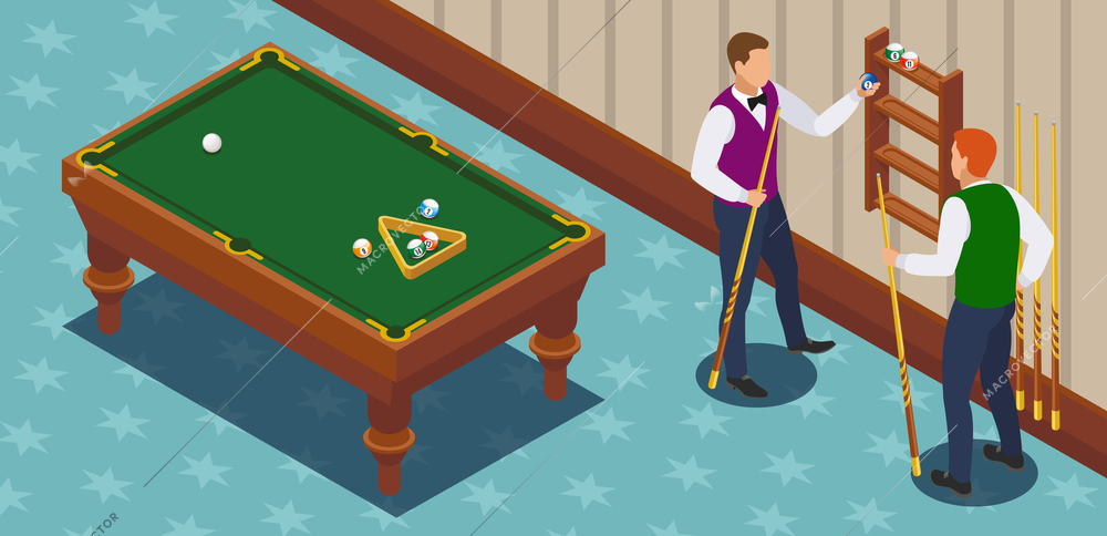 Billiards isometric composition with two male human characters of players in the playing room with furniture vector illustration