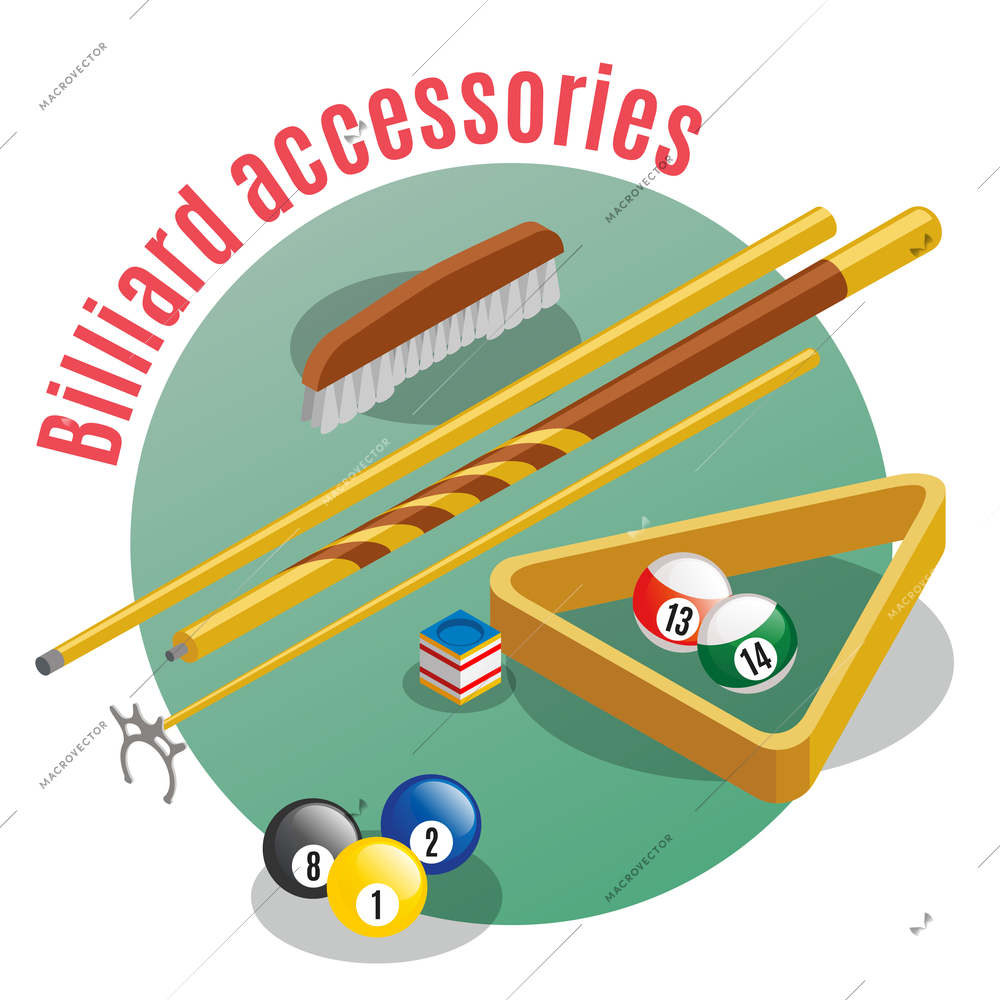 Billiard accessories isometric background with editable text and closeup view of lucky balls sticks and table vector illustration