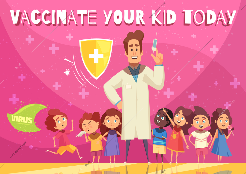 Kids vaccination benefits promotion poster with child health protection shield symbol doctor with syringe   cartoon vector illustration