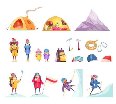 Mountaineering cartoon set with climbers gear equipment clothing tent helmet ice axes rope mountain vector illustration