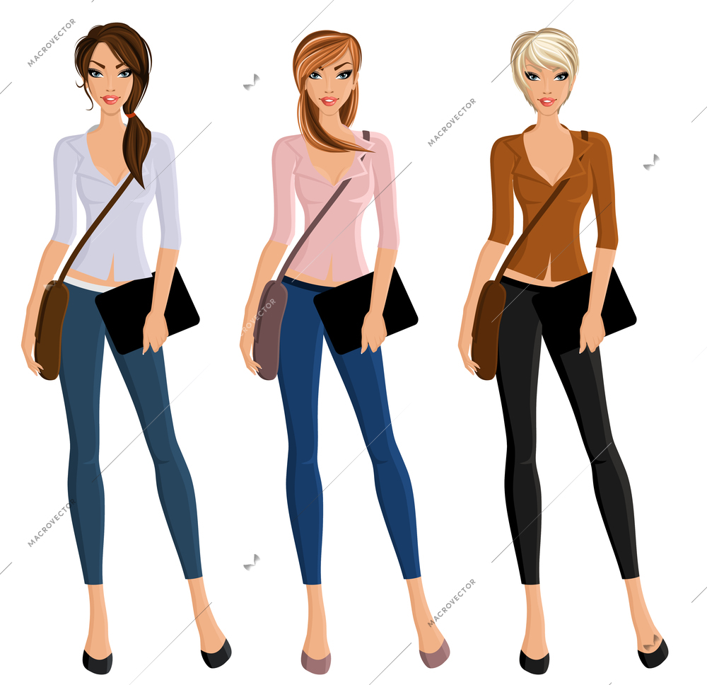 Young beautiful happy girls student set with bags and device portrait isolated vector illustration.