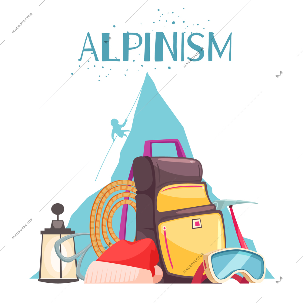 Mountaineering equipment cartoon composition poster with alpine mountain climbers gear rope ice axe backpack sunglasses vector illustration