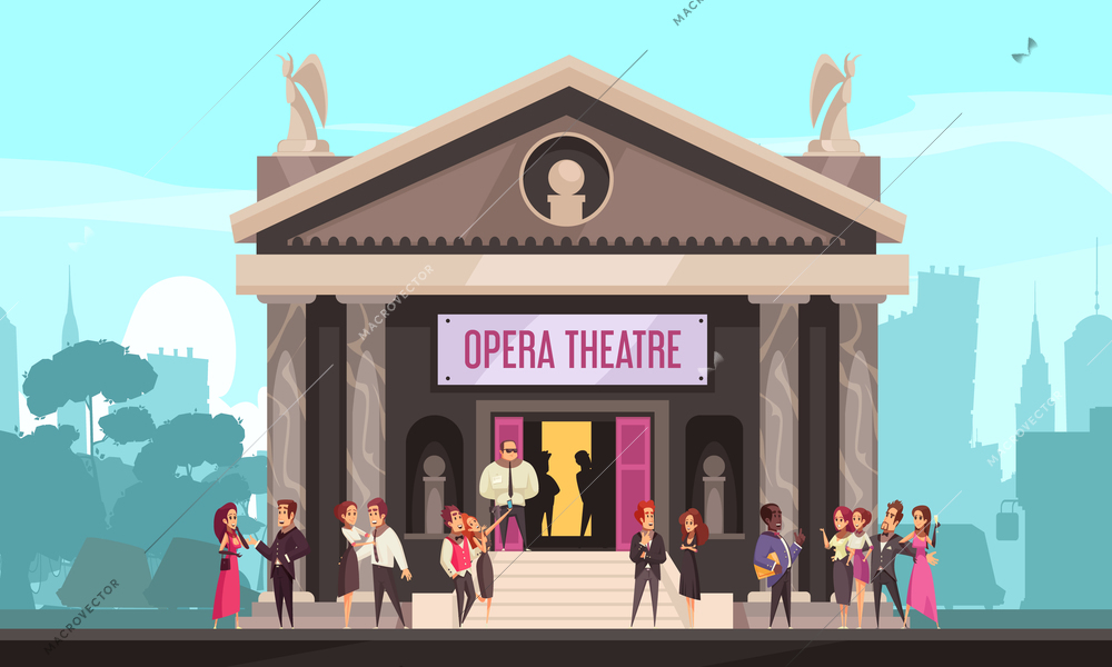 Opera theater building facade outdoor view with public on front entrance stairway cityscape background flat vector illustration