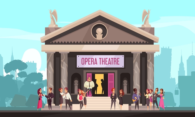 Opera theater building facade outdoor view with public on front entrance stairway cityscape background flat vector illustration