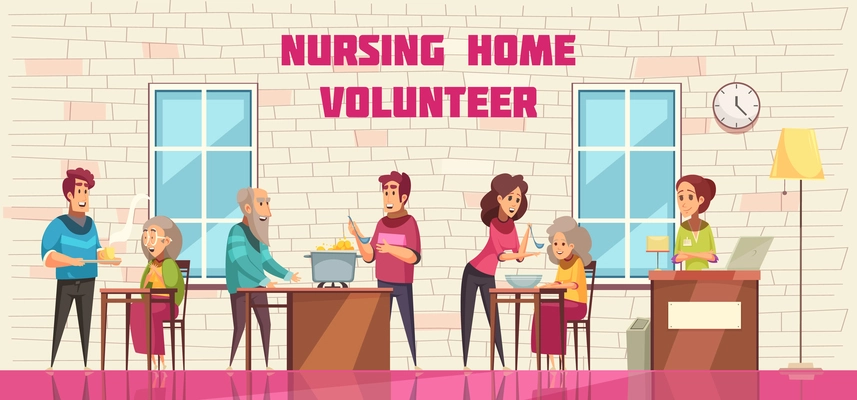 Volunteer social help and support for elderly people in nursing home flat cartoon horizontal banner vector illustration