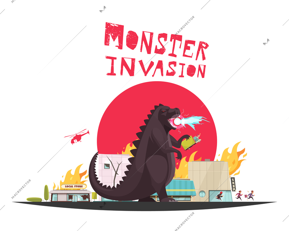 Monster invasion attack scene with funny dragon setting shops ablaze helicopter and running people flat vector illustration