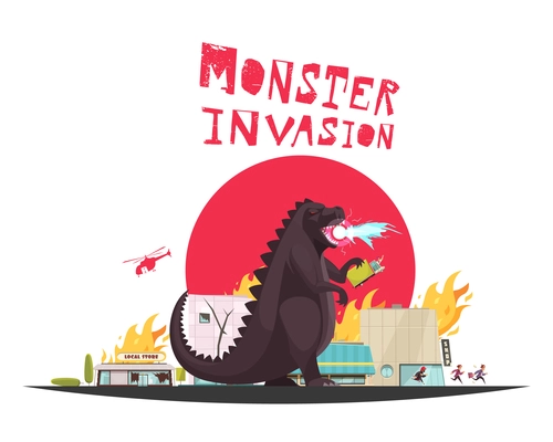 Monster invasion attack scene with funny dragon setting shops ablaze helicopter and running people flat vector illustration