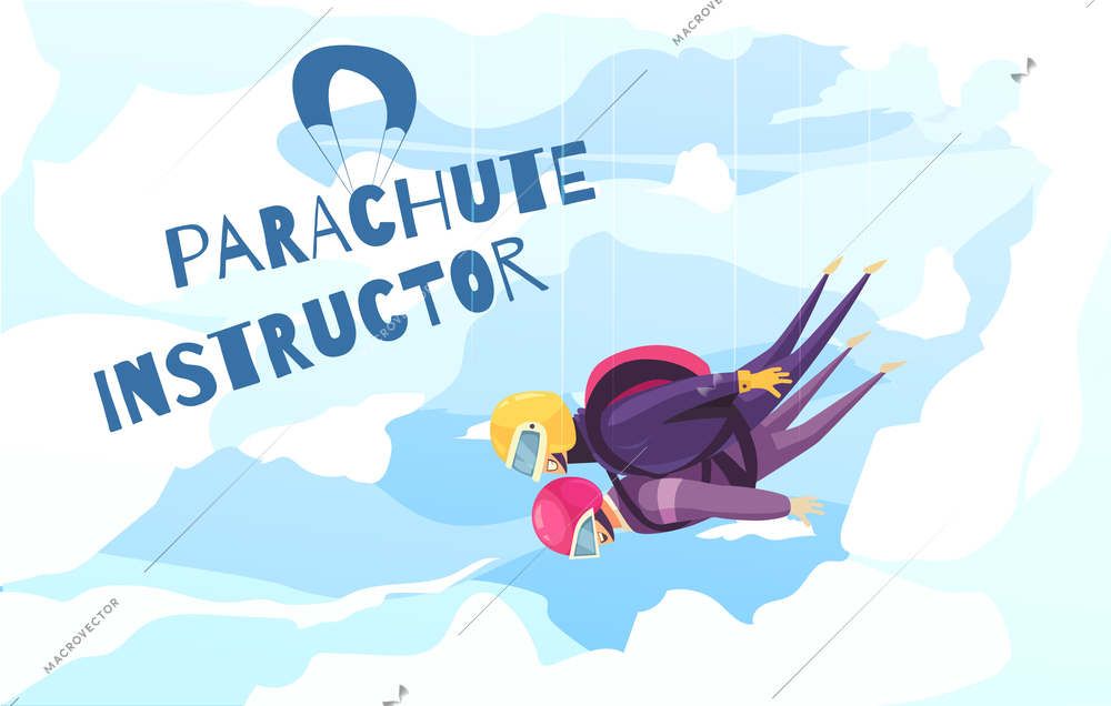 Skydiving practice with professional instructor flat abstract advertising poster with tandem parachute jump clouds background vector illustration