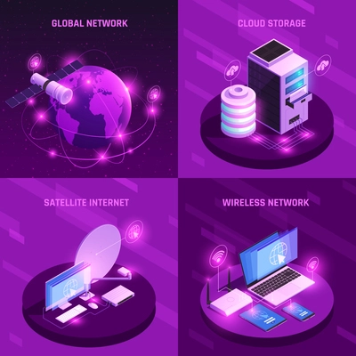 Global network isometric design concept with cloud storage satellite internet router and wireless connection isolated vector illustration