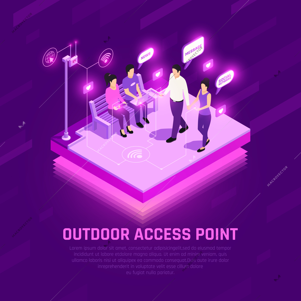 Internet access point isometric glowing composition human characters with wifi gadgets outdoors purple background vector illustration