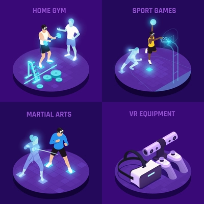 VR sports isometric design concept with virtual reality equipment home gym martial arts games isolated vector illustration