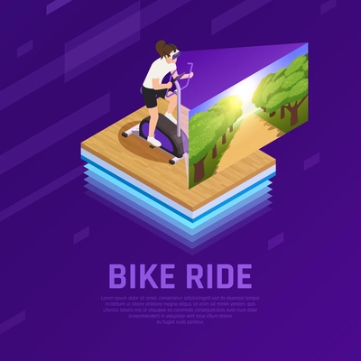 Woman in vr glasses with virtual nature on stationary bike isometric composition on purple background vector illustration