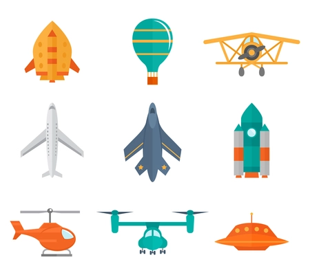 Aircraft icons flat set of space rocket propeller airplane ufo isolated vector illustration