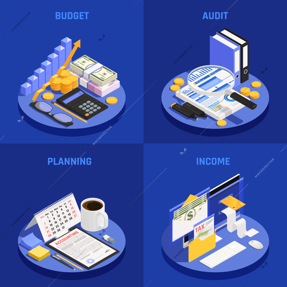 Accounting isometric design concept with budget and audit planning and income blue background isolated vector illustration