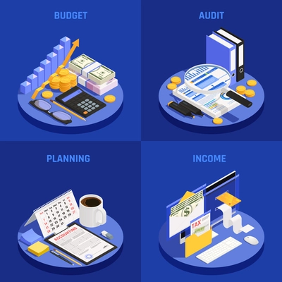 Accounting isometric design concept with budget and audit planning and income blue background isolated vector illustration