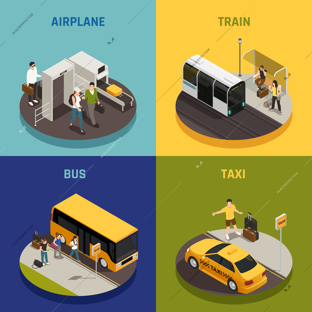 People with luggage during travel on airplane train bus and taxi isometric design concept isolated vector illustration