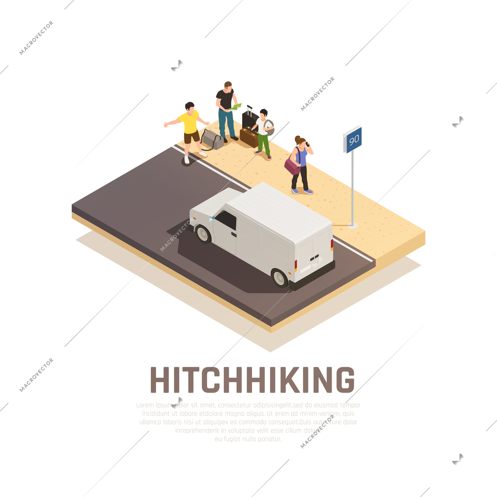 Group of people with baggage on road for hitchhiking travel isometric composition vector illustration