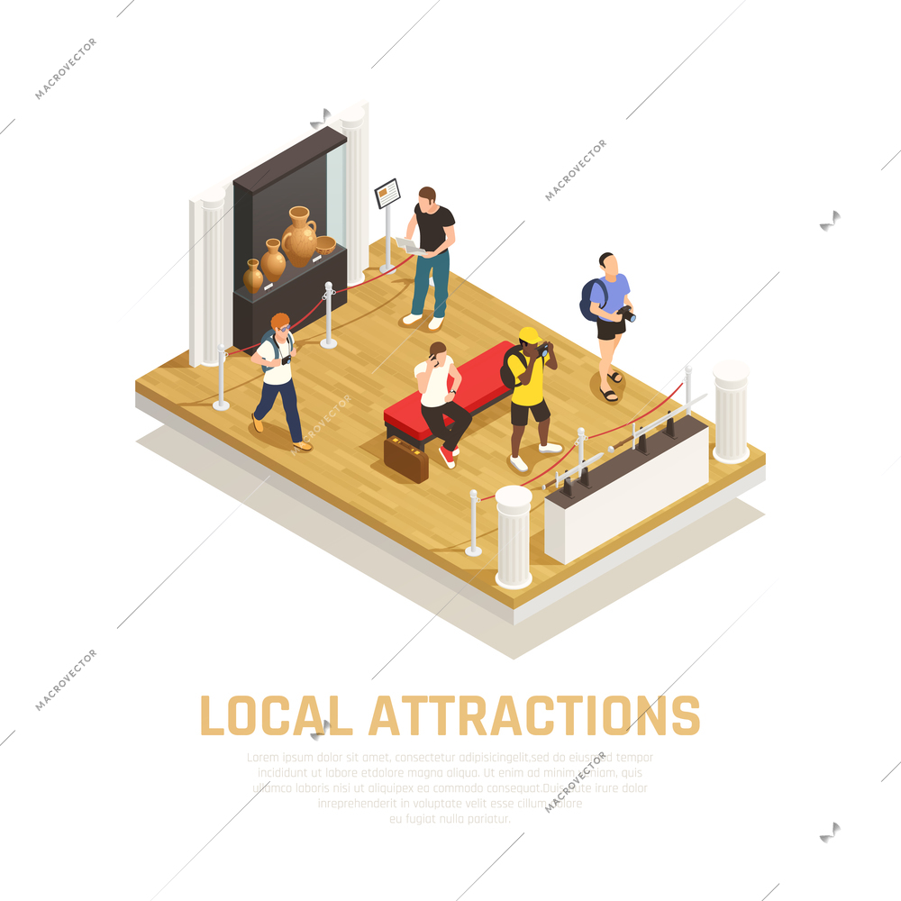 Local attractions isometric composition with people during visit of museum in travel time vector illustration