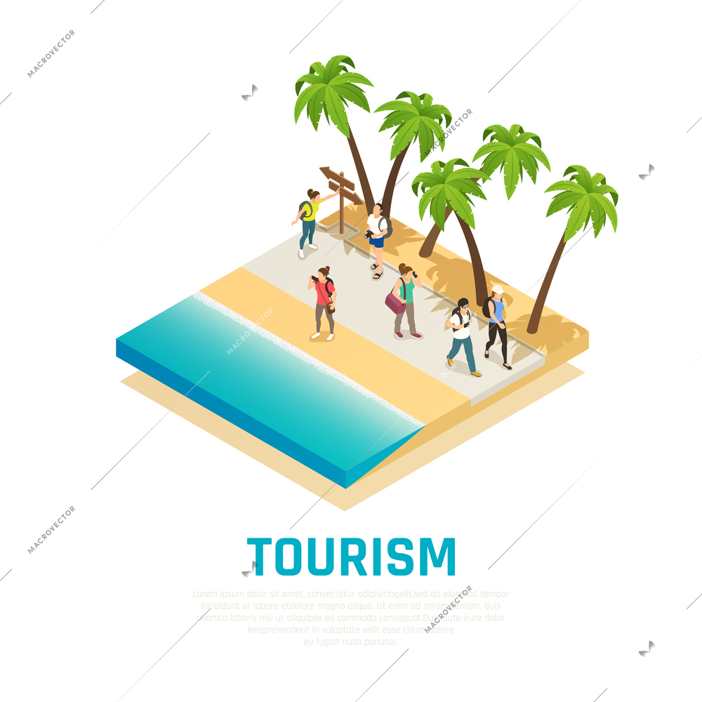 People with back packs during travel along sea shore with palm trees isometric composition vector illustration