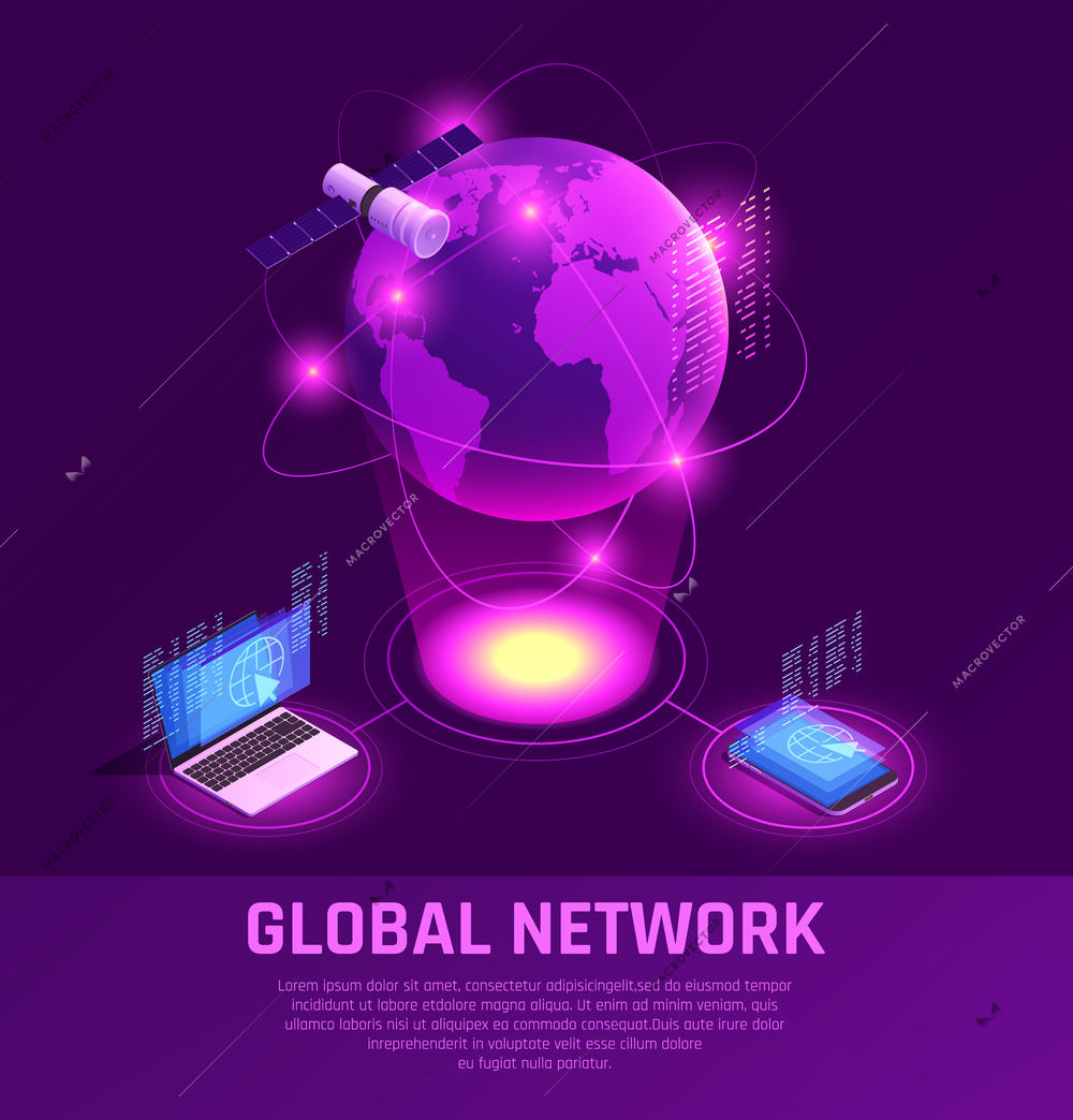 Global network isometric glowing composition with mobile devices and satellite internet on purple background vector illustration