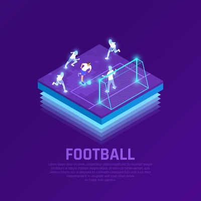 Man in vr headset and virtual players during soccer game isometric composition on purple background vector illustration