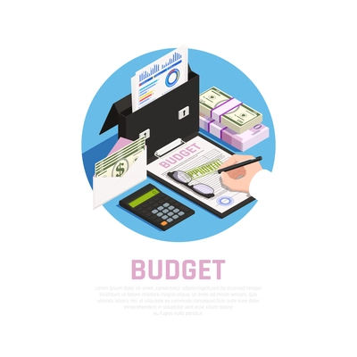 Accounting isomeric round composition with budget calculation on blue background vector illustration