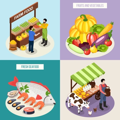 Farmer market  2x2 design concept set of fresh seafood milk products fruits and vegetables isometric vector illustration